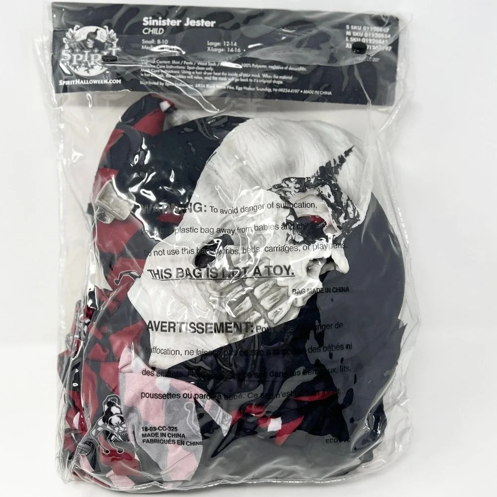 Spirit Halloween Sinister Jester Costume Black Red Evil Clown Mask Youth XL 14‎